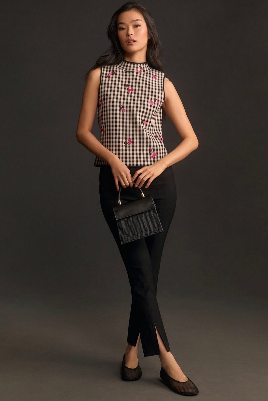 Maeve Anthropologie Gingham Cherry Embroidered Sweater Tank Mock Neck, Small